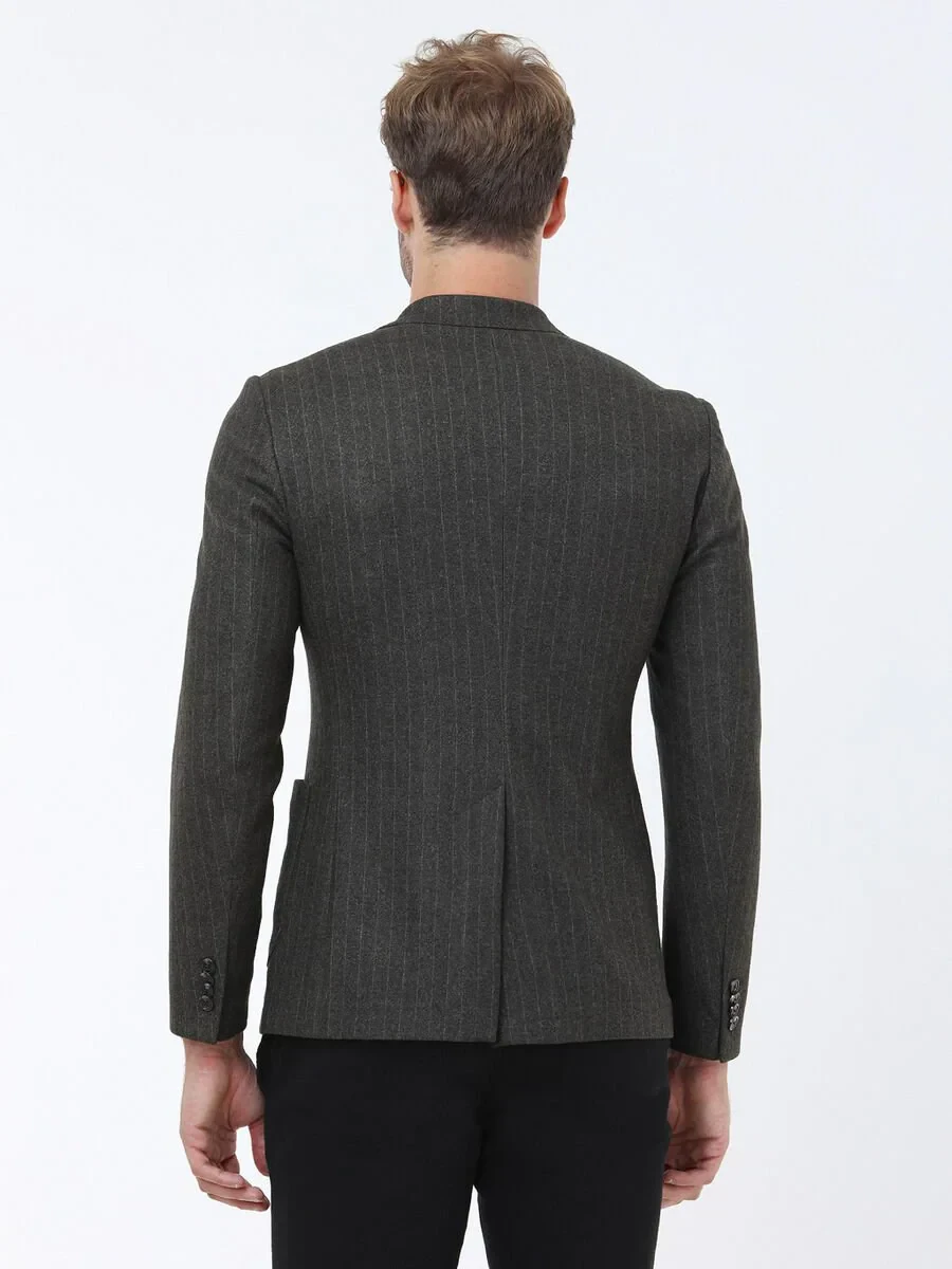Khaki Striped Slim Fit Jacket - 7