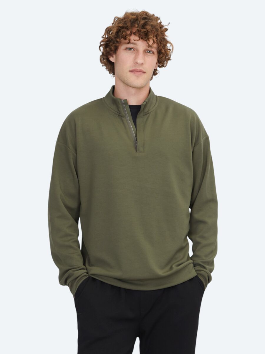 Khaki Turtleneck Plain Sweatshirt - 1