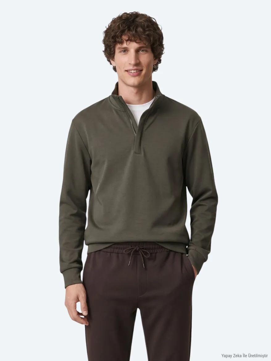 Khaki Turtleneck Plain Sweatshirt 