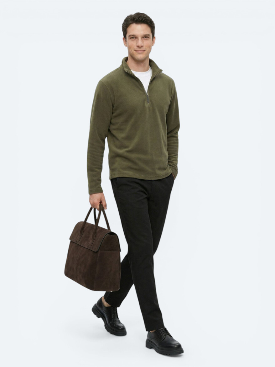 Khaki Turtleneck Plain Sweatshirt - 2