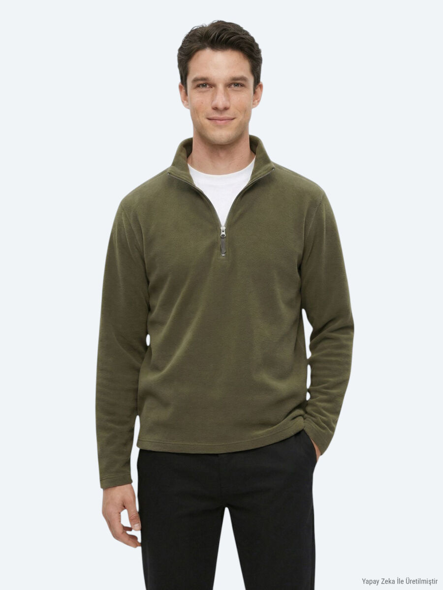 Khaki Turtleneck Plain Sweatshirt - 1