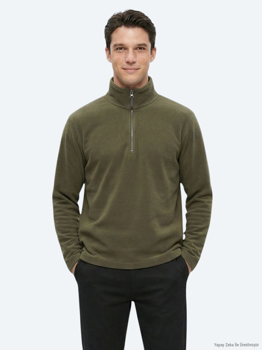 Khaki Turtleneck Plain Sweatshirt - 3