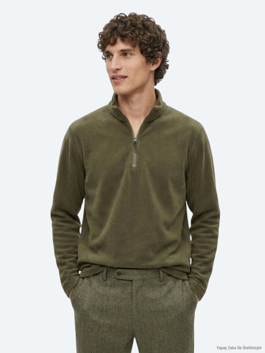 Khaki Turtleneck Plain Sweatshirt - KİP