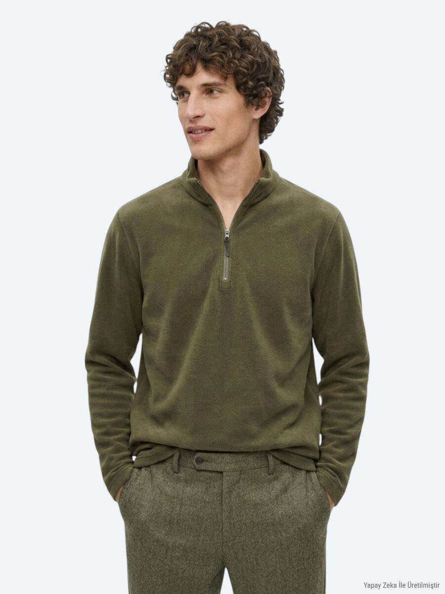 Khaki Turtleneck Plain Sweatshirt - 2