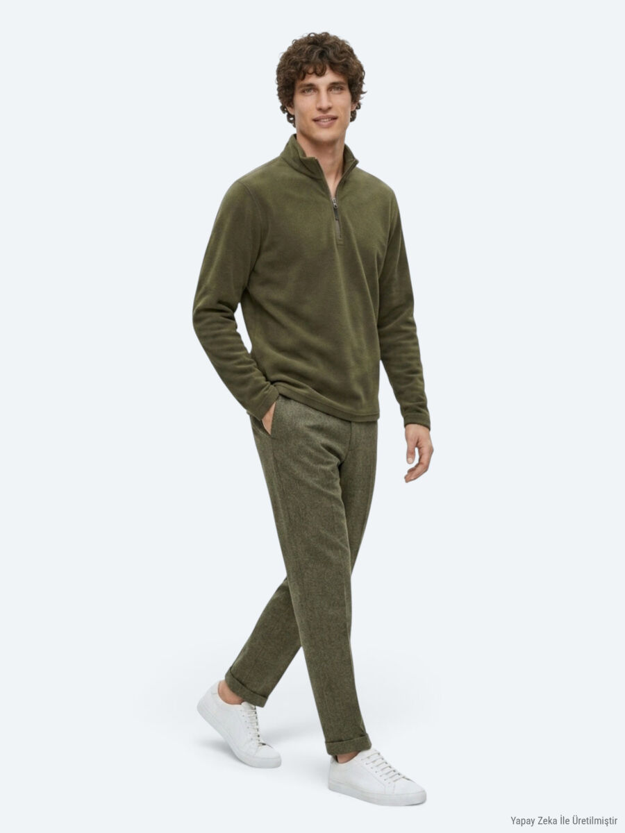 Khaki Turtleneck Plain Sweatshirt - 3