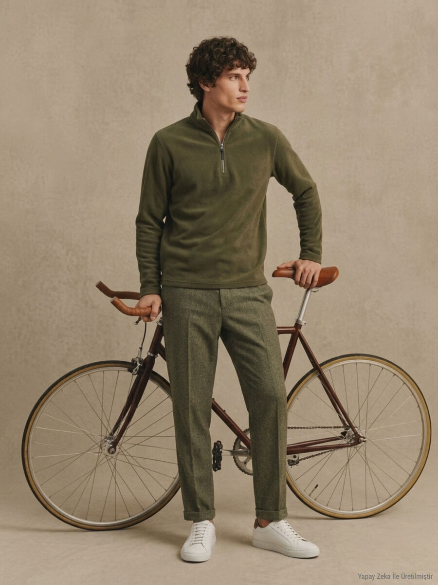 Khaki Turtleneck Plain Sweatshirt - 7
