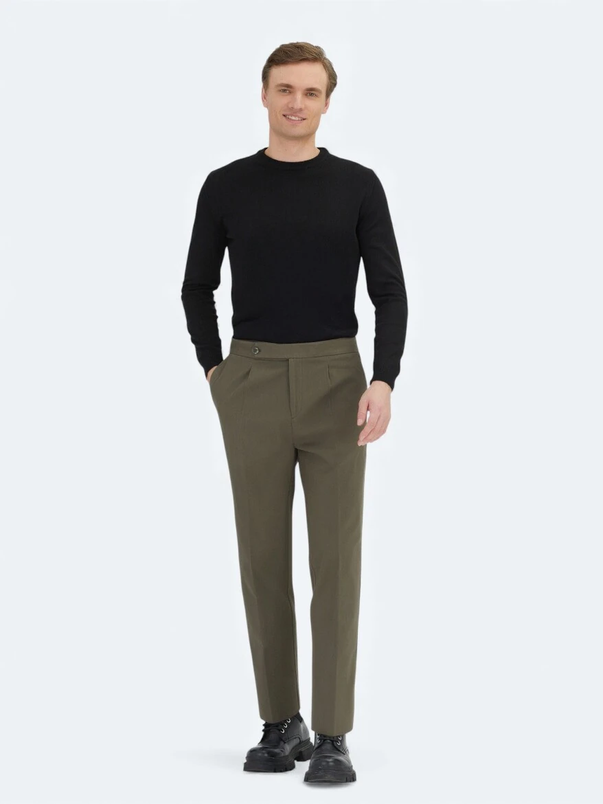 Khaki Weaving Carrot Fit Casual Cotton Blended Trousers - KİP