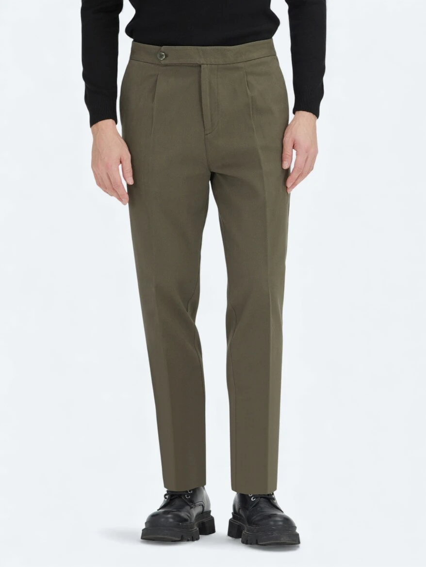 Khaki Weaving Carrot Fit Casual Cotton Blended Trousers - KİP