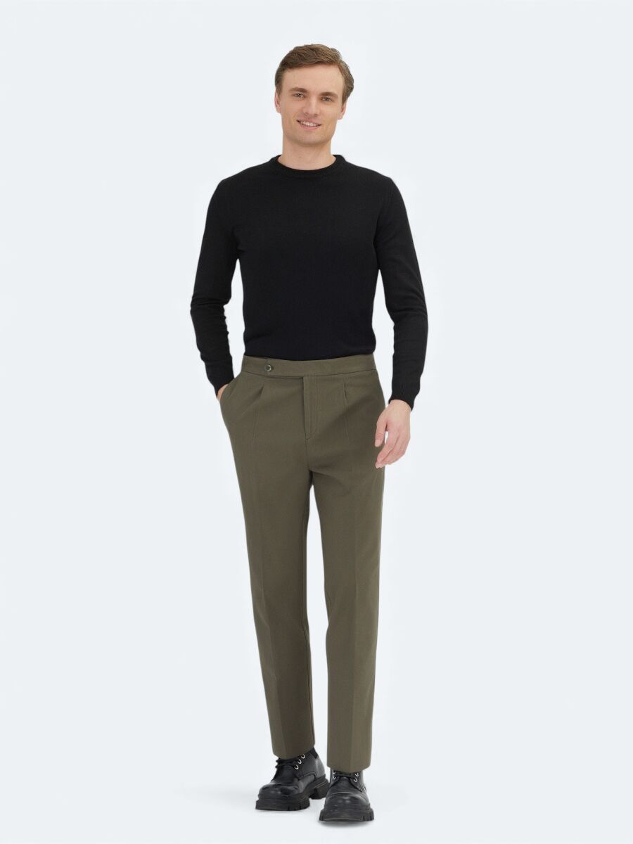 Khaki Weaving Carrot Fit Casual Cotton Blended Trousers - 1