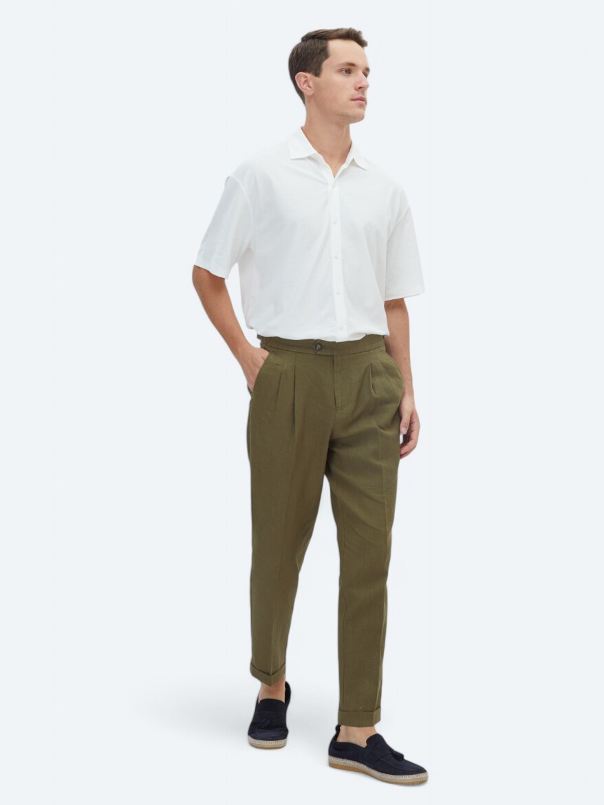 Khaki Weaving Carrot Fit Casual Trousers - 1