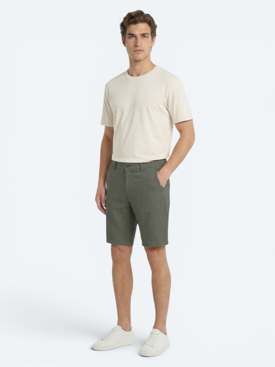 Khaki Weaving Jogging Fit Casual Cotton Blended Bermuda - 3