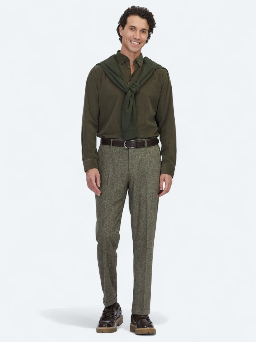 Khaki Weaving Jogging Fit Casual Wool Blended Trousers - KİP