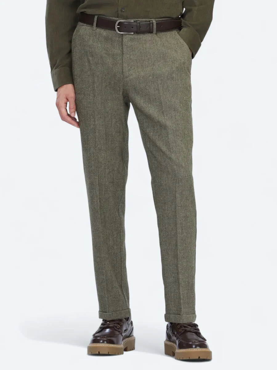 Khaki Weaving Jogging Fit Casual Wool Blended Trousers - 2