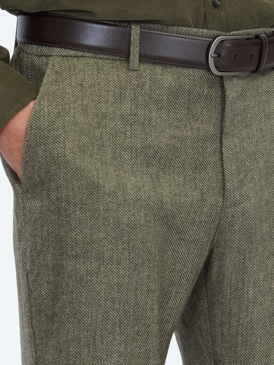 Khaki Weaving Jogging Fit Casual Wool Blended Trousers - KİP