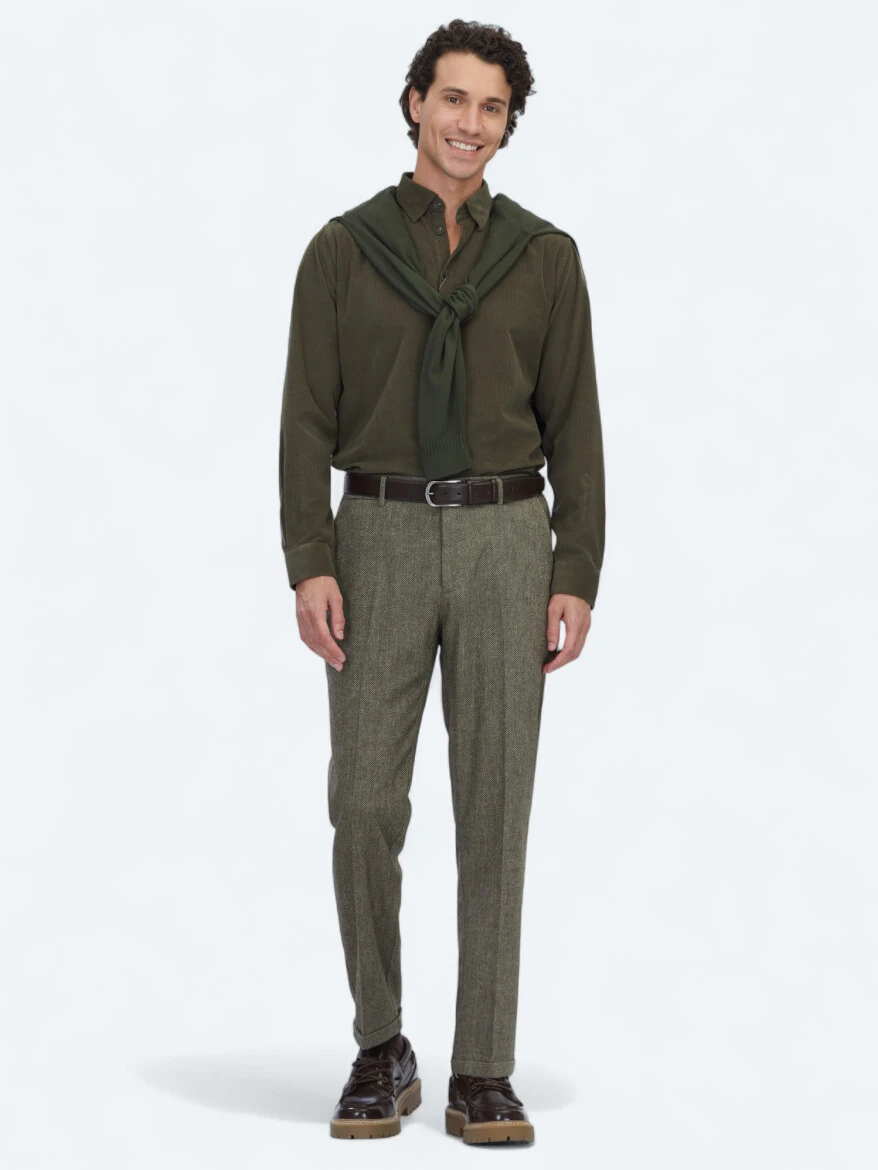 Khaki Weaving Jogging Fit Casual Wool Blended Trousers - KİP