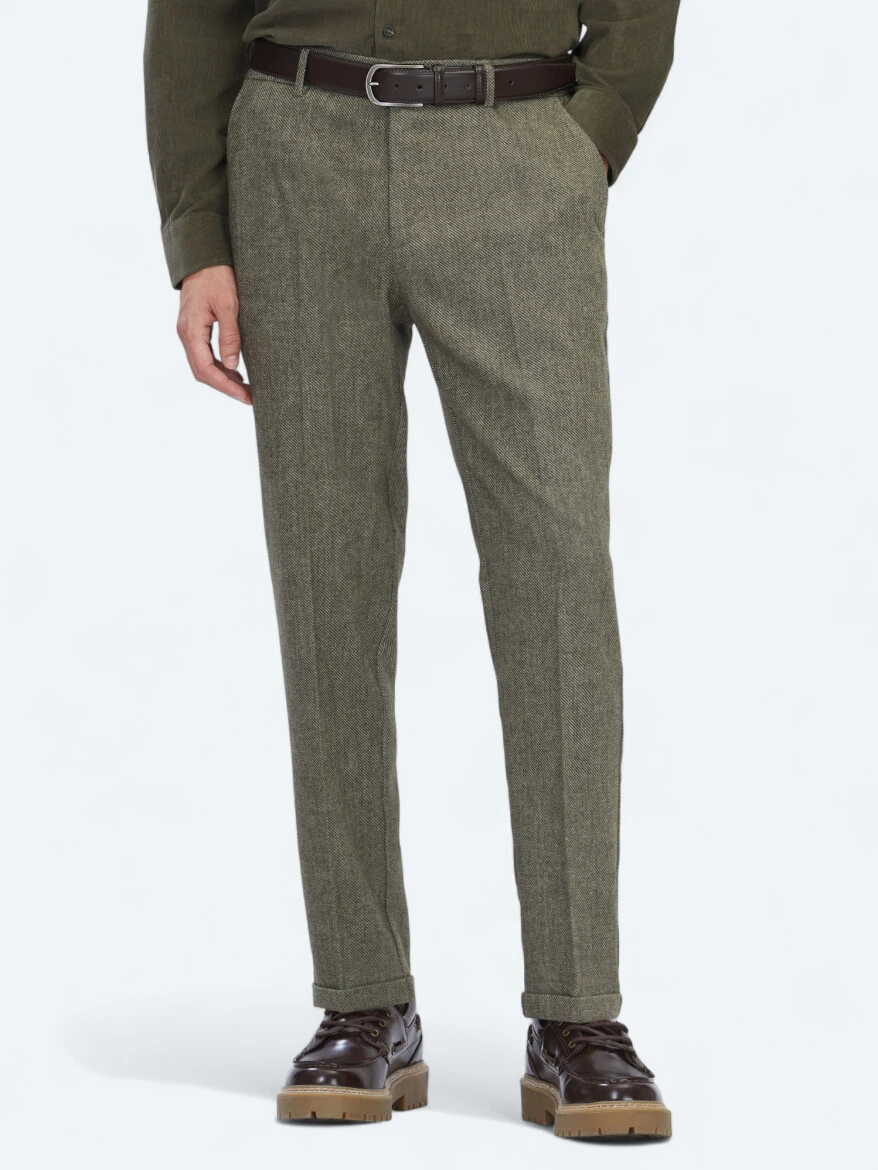 Khaki Weaving Jogging Fit Casual Wool Blended Trousers - 2