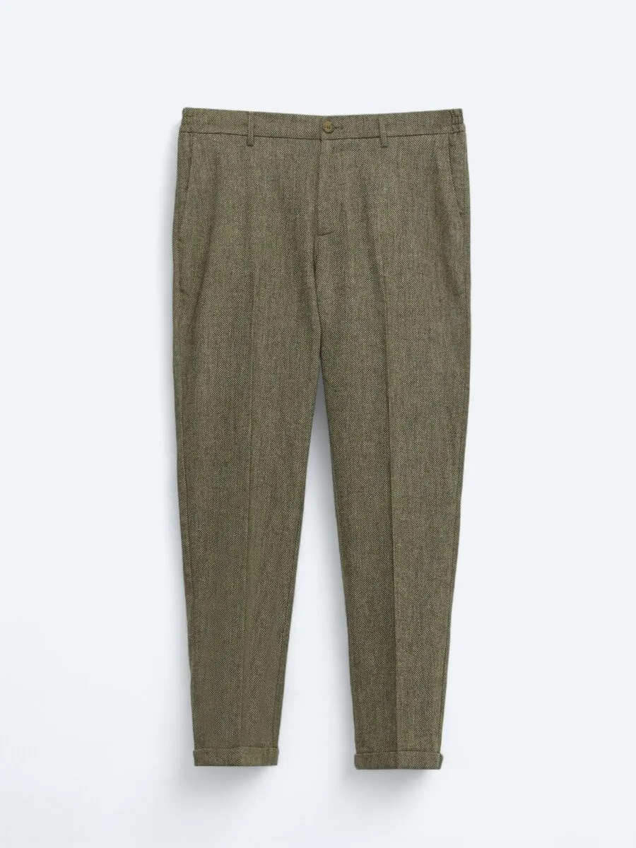 Khaki Weaving Jogging Fit Casual Wool Blended Trousers - 5
