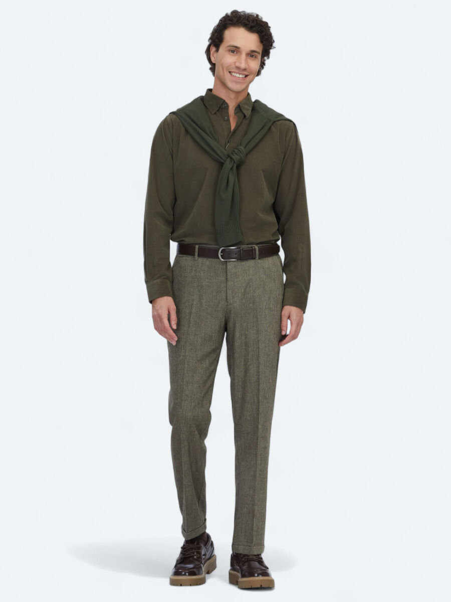 Khaki Weaving Jogging Fit Casual Wool Blended Trousers - 1