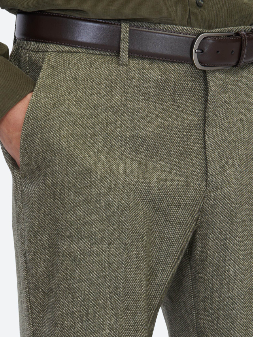 Khaki Weaving Jogging Fit Casual Wool Blended Trousers - 3