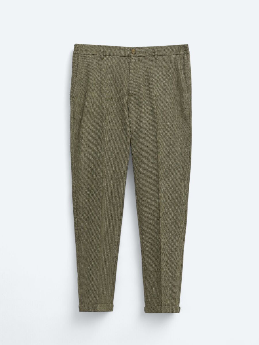Khaki Weaving Jogging Fit Casual Wool Blended Trousers - 5