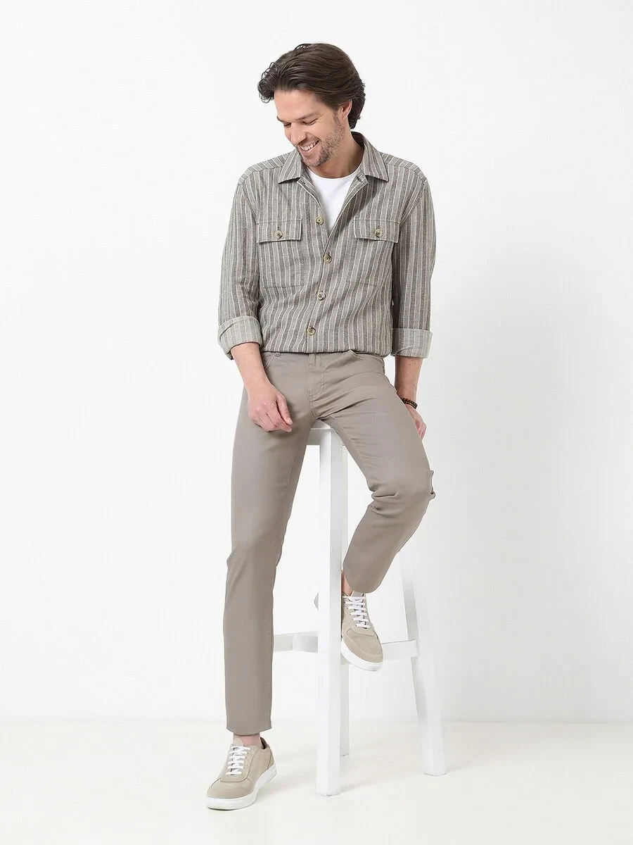 Khaki Weaving Regular Fit Casual Cotton Blended Trousers - 1