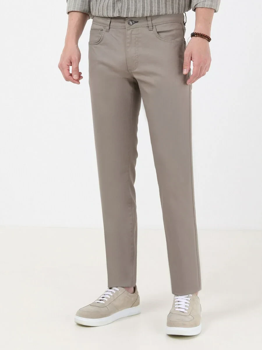 Khaki Weaving Regular Fit Casual Cotton Blended Trousers - 2
