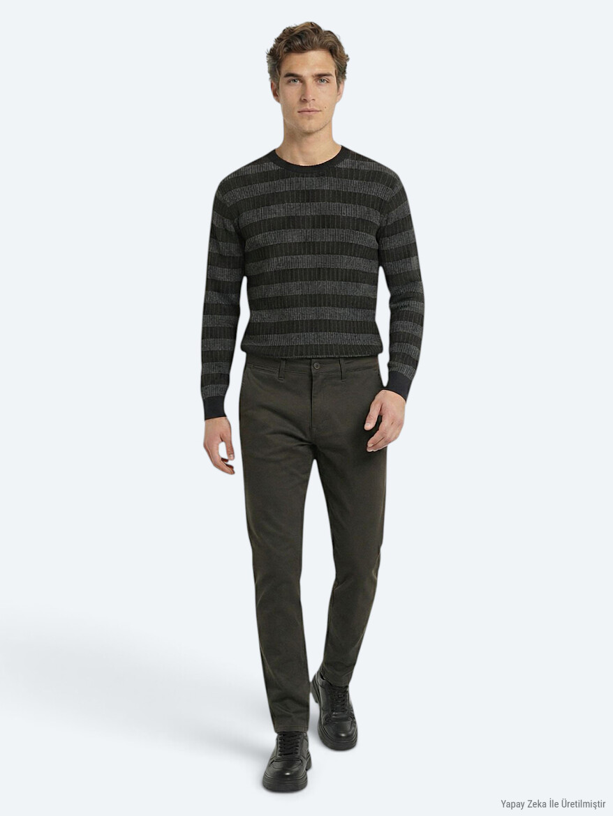 Khaki Weaving Regular Fit Casual Cotton Blended Trousers - KİP