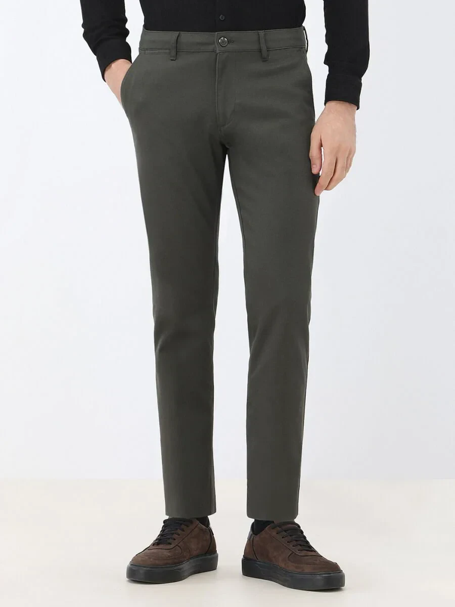Khaki Weaving Regular Fit Casual Cotton Blended Trousers - 2