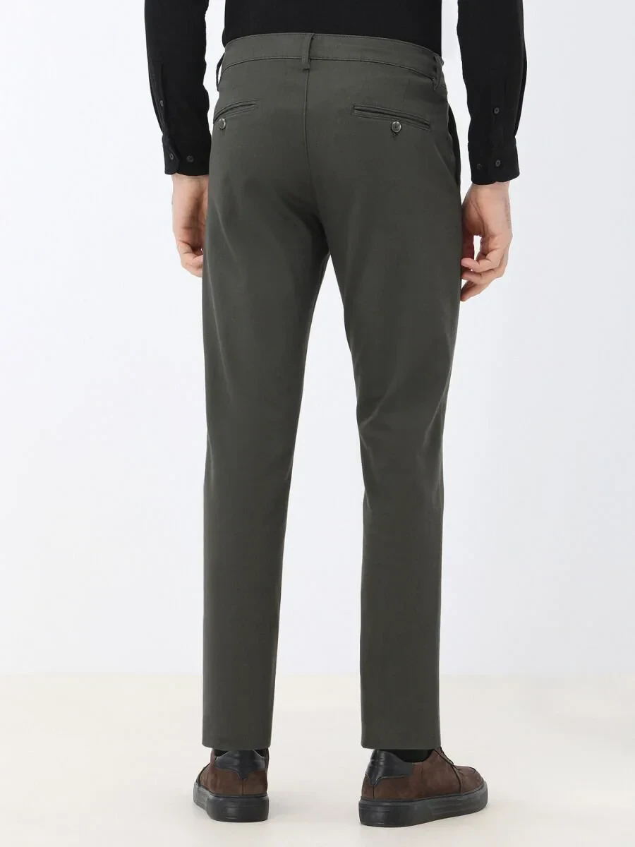Khaki Weaving Regular Fit Casual Cotton Blended Trousers - 4