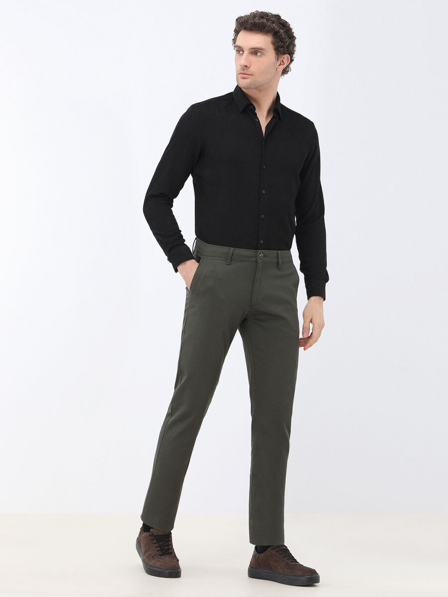 Khaki Weaving Regular Fit Casual Cotton Blended Trousers - 1