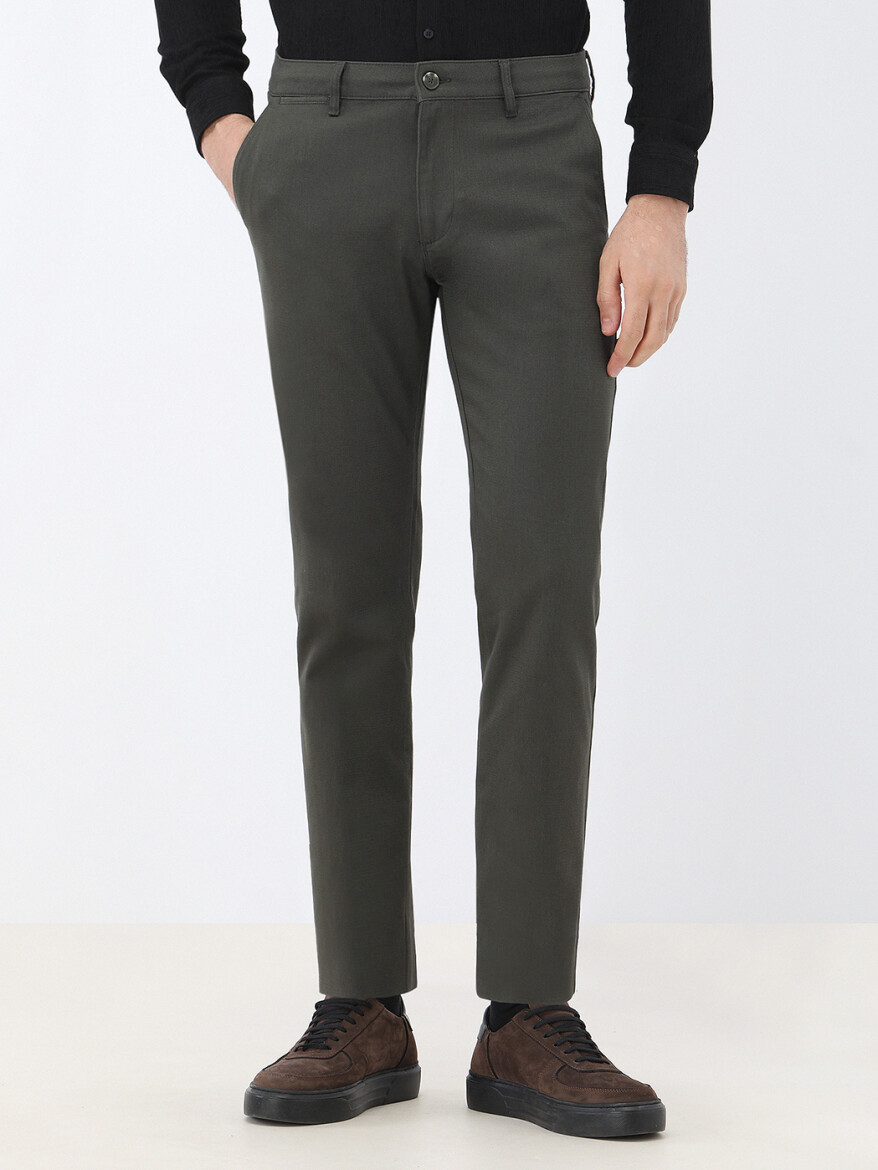 Khaki Weaving Regular Fit Casual Cotton Blended Trousers - 2