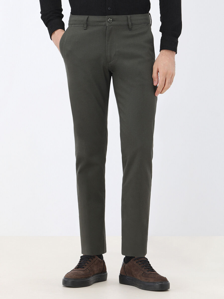 Khaki Weaving Regular Fit Casual Cotton Blended Trousers - 2
