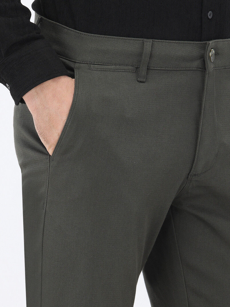 Khaki Weaving Regular Fit Casual Cotton Blended Trousers - 3