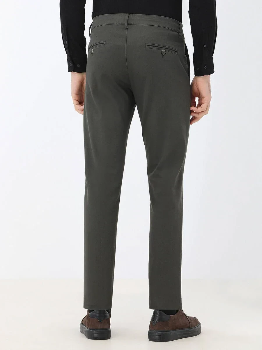 Khaki Weaving Regular Fit Casual Cotton Blended Trousers - 4
