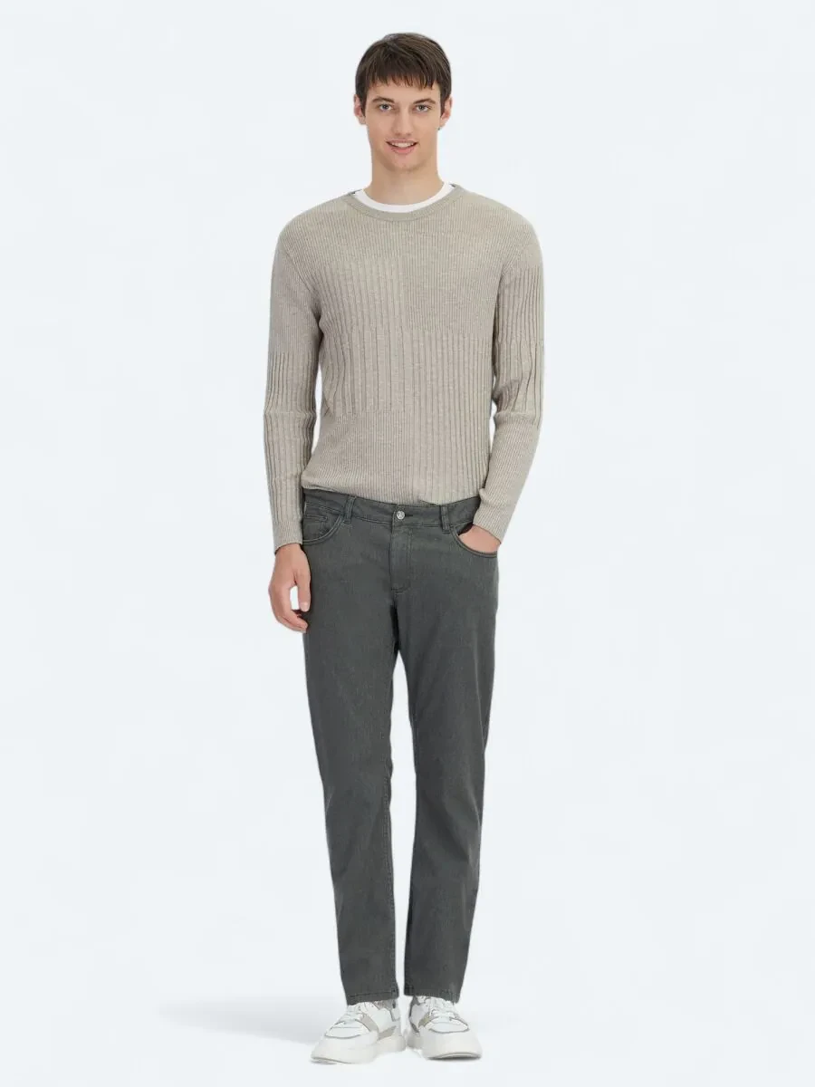 Khaki Weaving Regular Fit Casual Cotton Blended Trousers - 1