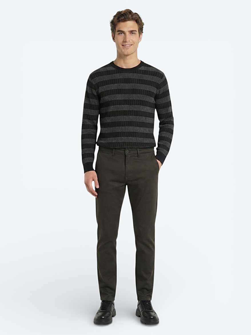 Khaki Weaving Regular Fit Casual Cotton Blended Trousers - KİP