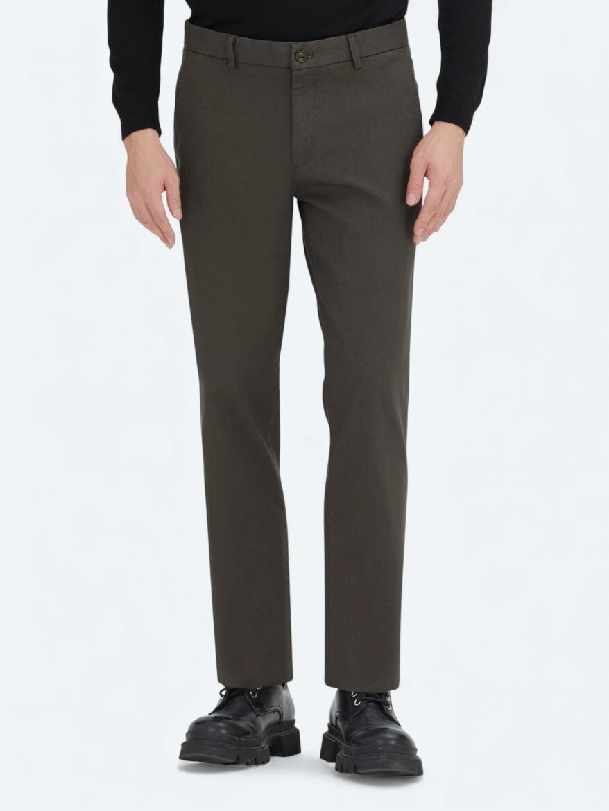 Khaki Weaving Regular Fit Casual Cotton Blended Trousers - 2