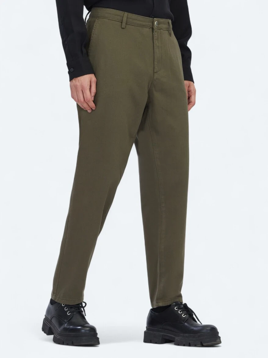 Khaki Weaving Relaxed Fit Casual Cotton Blended Trousers - KİP