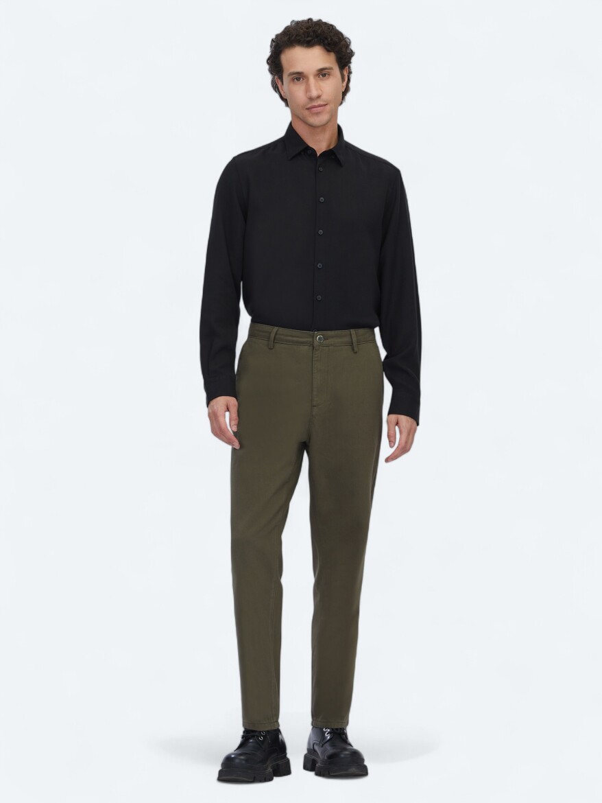 Khaki Weaving Relaxed Fit Casual Cotton Blended Trousers 