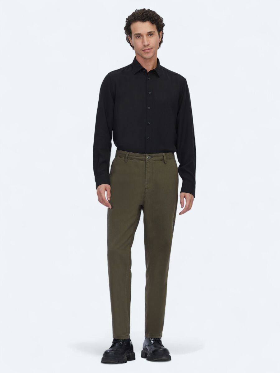 Khaki Weaving Relaxed Fit Casual Cotton Blended Trousers - 1