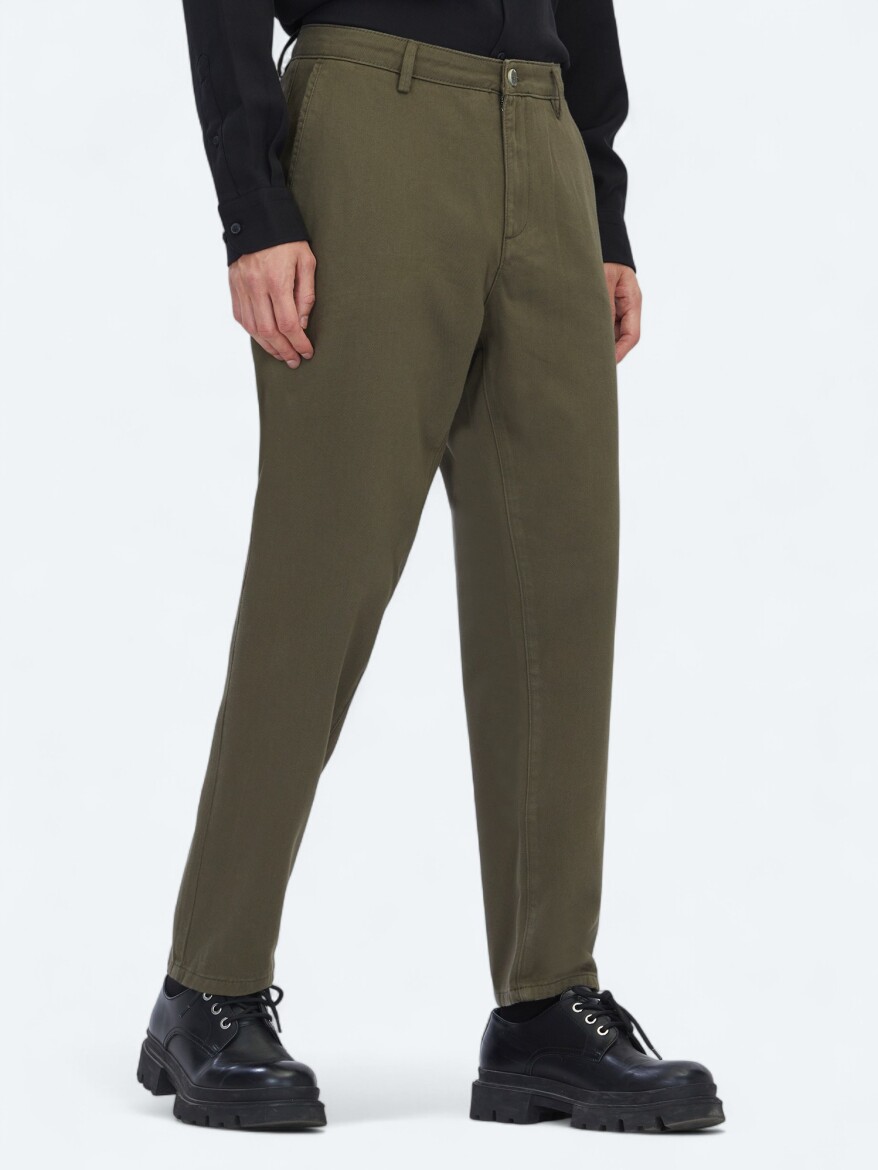 Khaki Weaving Relaxed Fit Casual Cotton Blended Trousers - 3