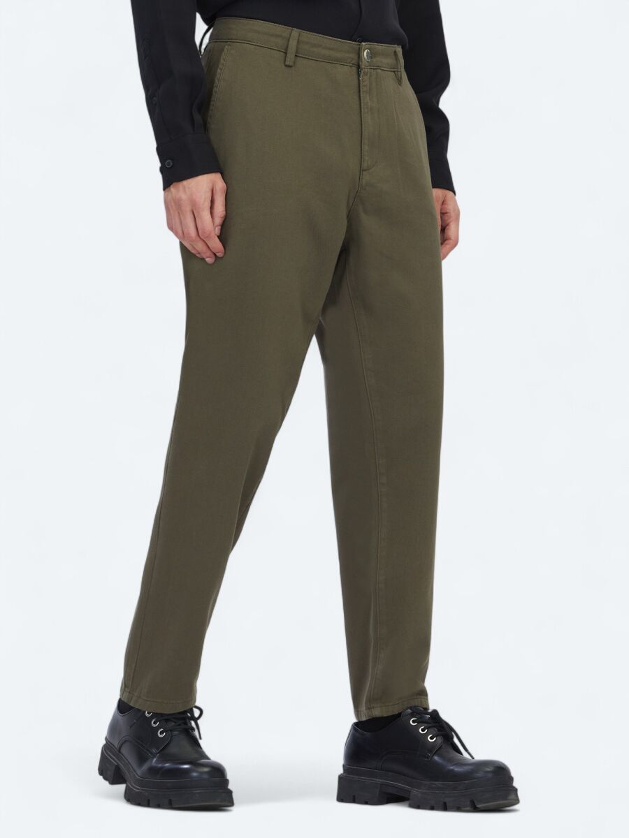Khaki Weaving Relaxed Fit Casual Cotton Blended Trousers - 3