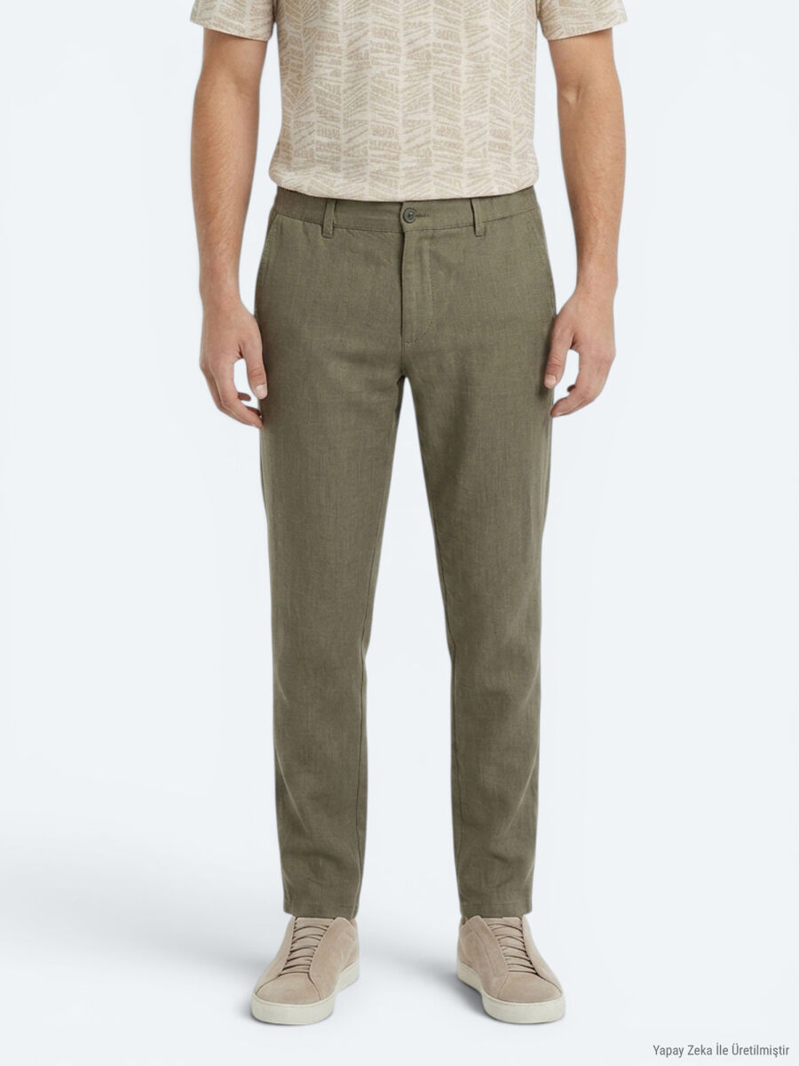 Khaki Weaving Relaxed Fit Casual Cotton Blended Trousers - 2