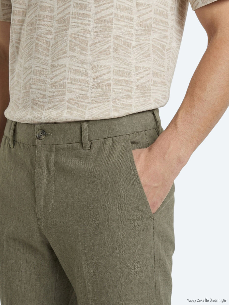 Khaki Weaving Relaxed Fit Casual Cotton Blended Trousers - 4