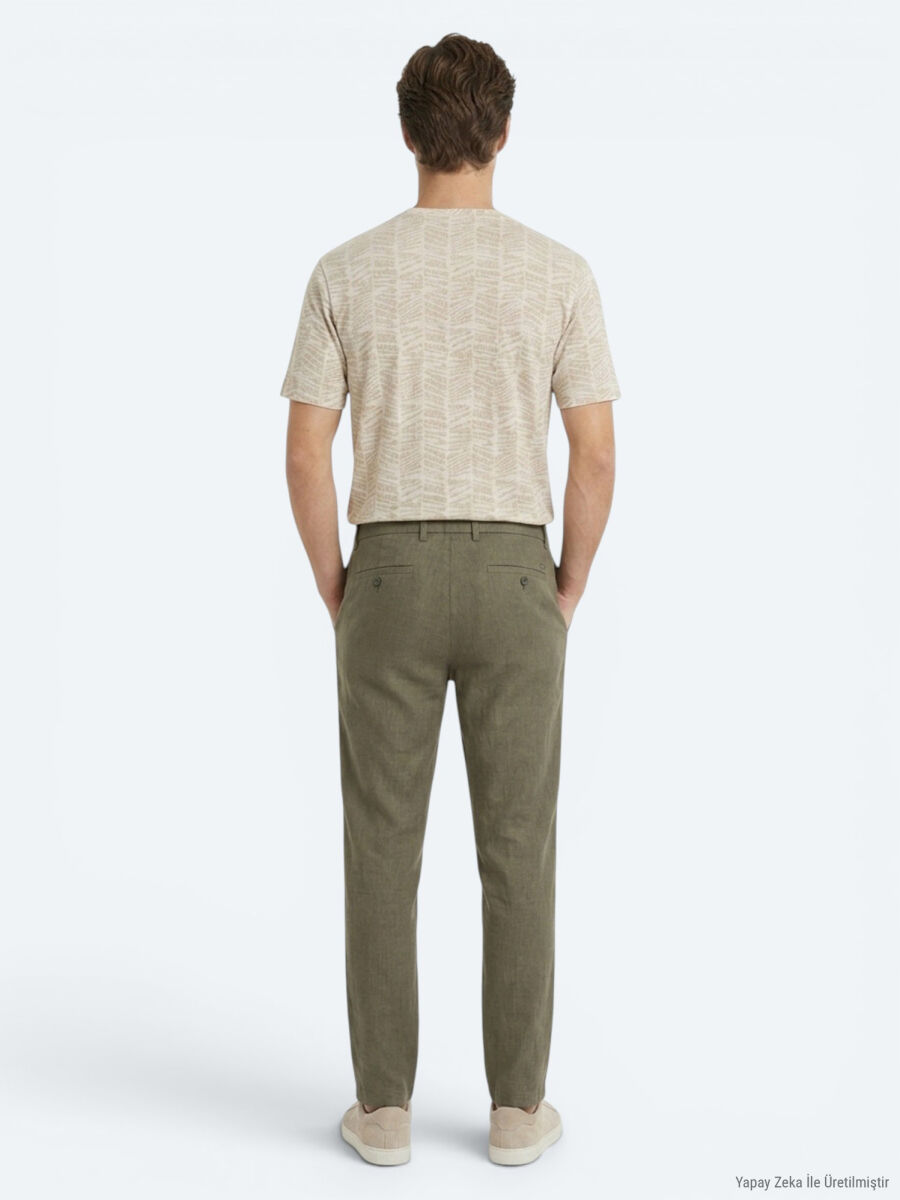 Khaki Weaving Relaxed Fit Casual Cotton Blended Trousers - 5