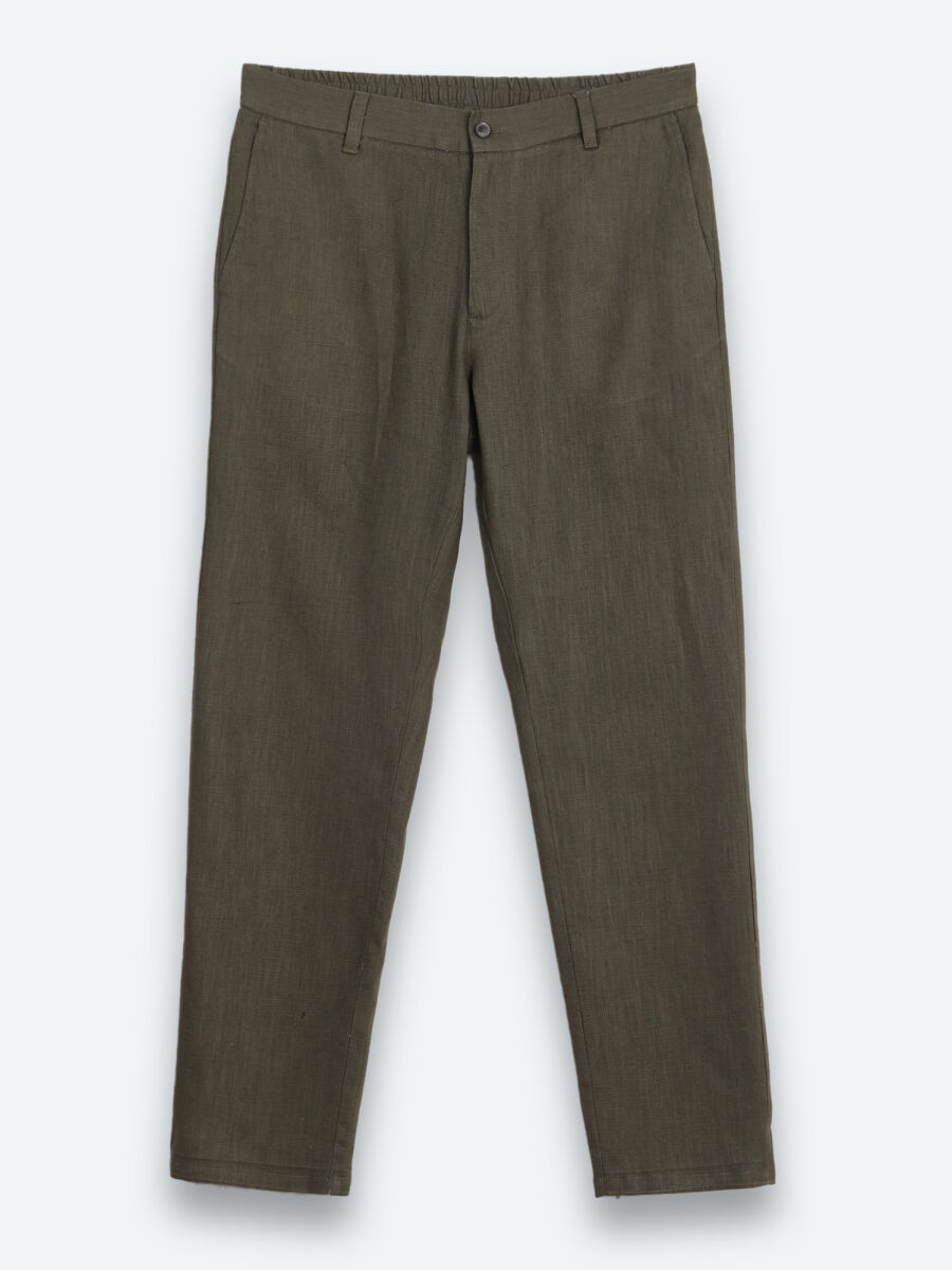 Khaki Weaving Relaxed Fit Casual Cotton Blended Trousers - 6