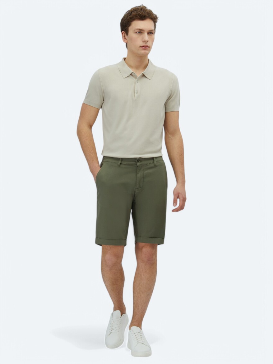 Khaki Weaving Slim Fit Casual Cotton Blended Bermuda - KİP