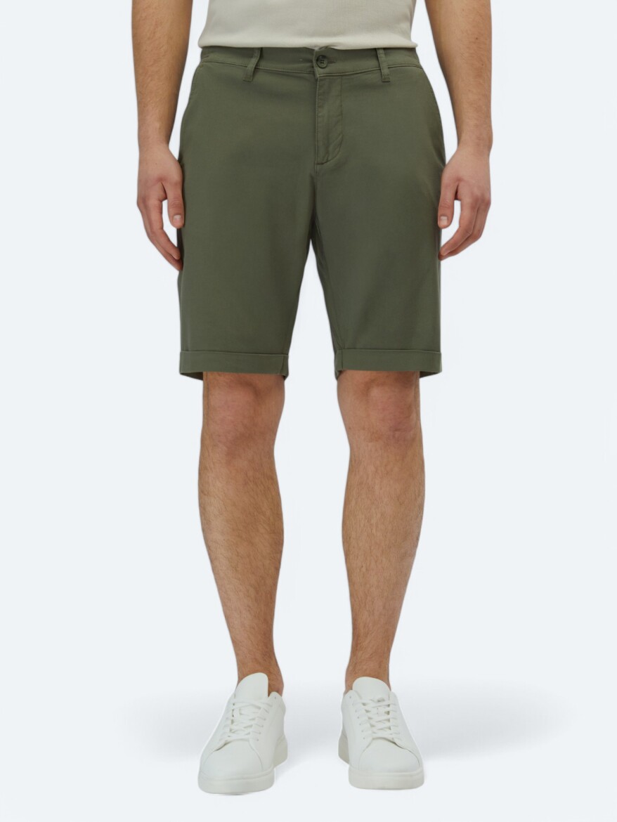 Khaki Weaving Slim Fit Casual Cotton Blended Bermuda - KİP