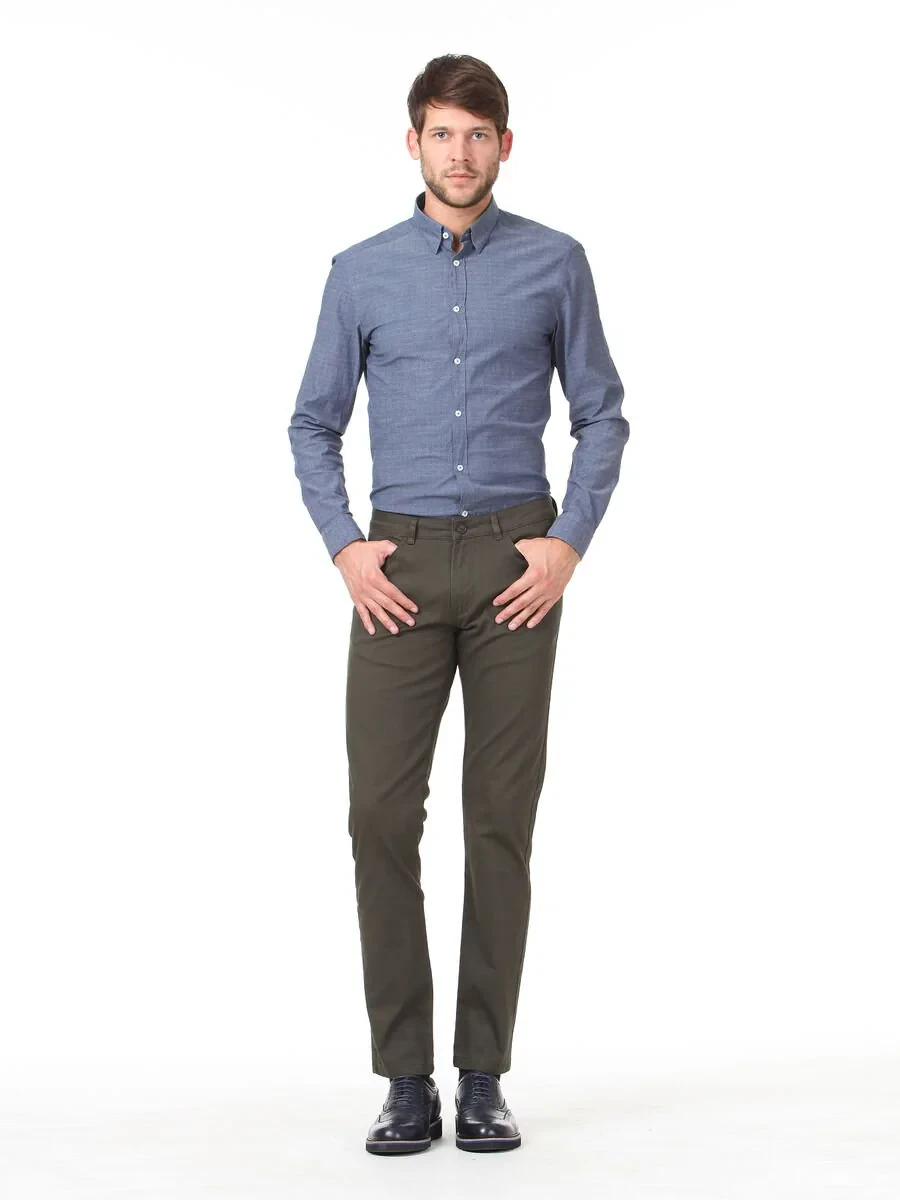 Khaki Weaving Slim Fit Casual Cotton Blended Trousers - 1