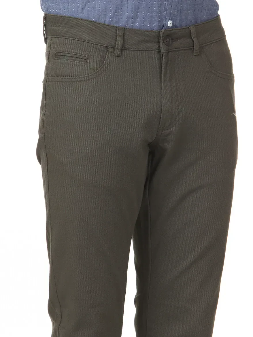 Khaki Weaving Slim Fit Casual Cotton Blended Trousers 